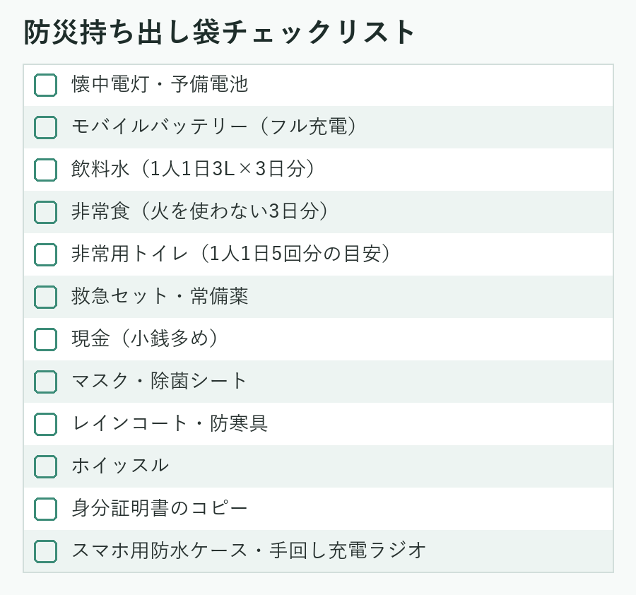 防災持ち出し袋チェックリスト